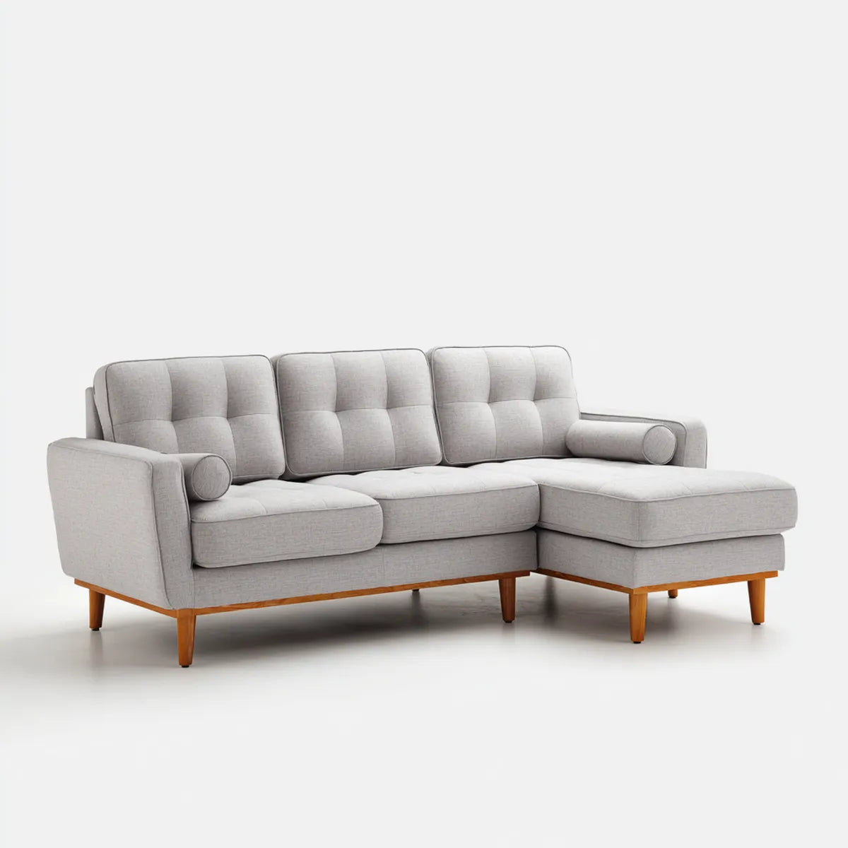 Divano angolare con chaise longue grigio chiaro 220 x 150 x 85 cm in poliestere e legno massello forma a L