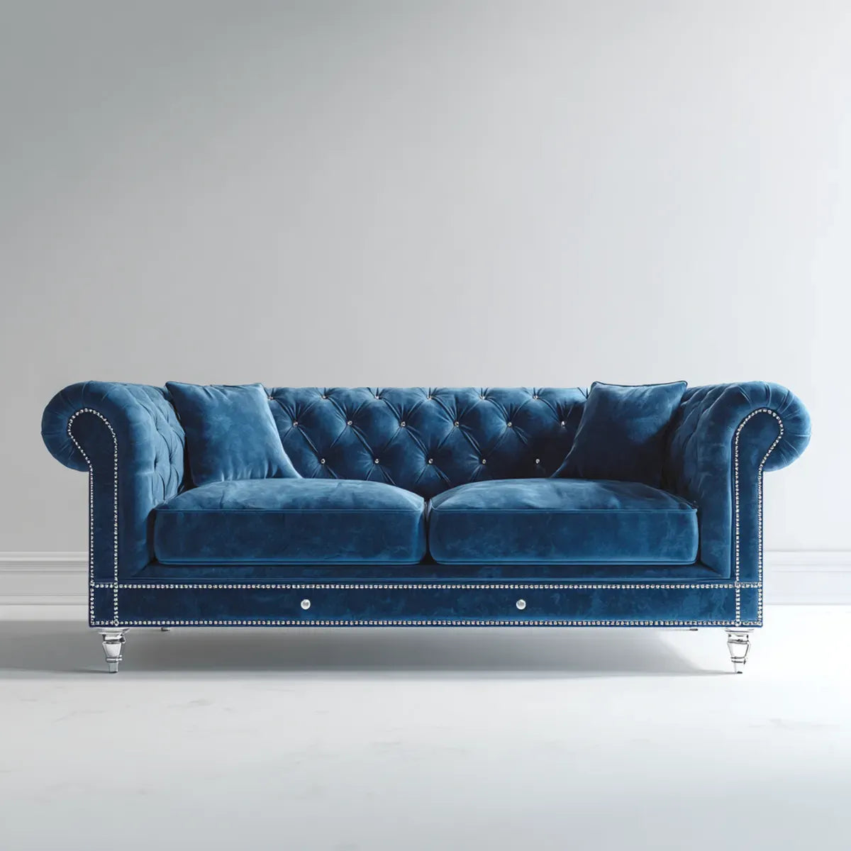 Divano Chesterfield 3 posti blu in velluto di poliestere forma rettangolare 220 x 90 x 78 cm