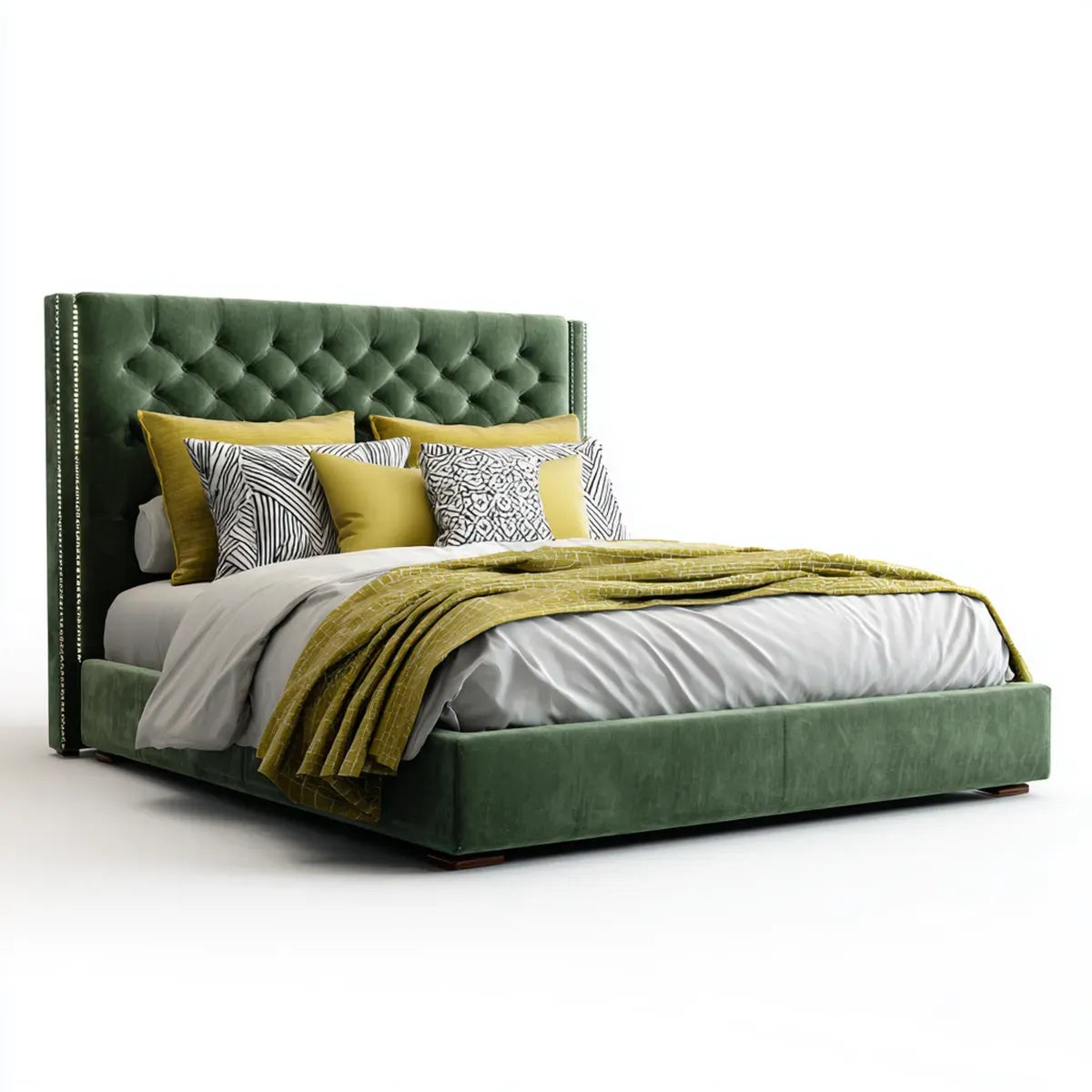 Letto matrimoniale imbottito verde bosco 160 x 200 cm in velluto di poliestere rettangolare