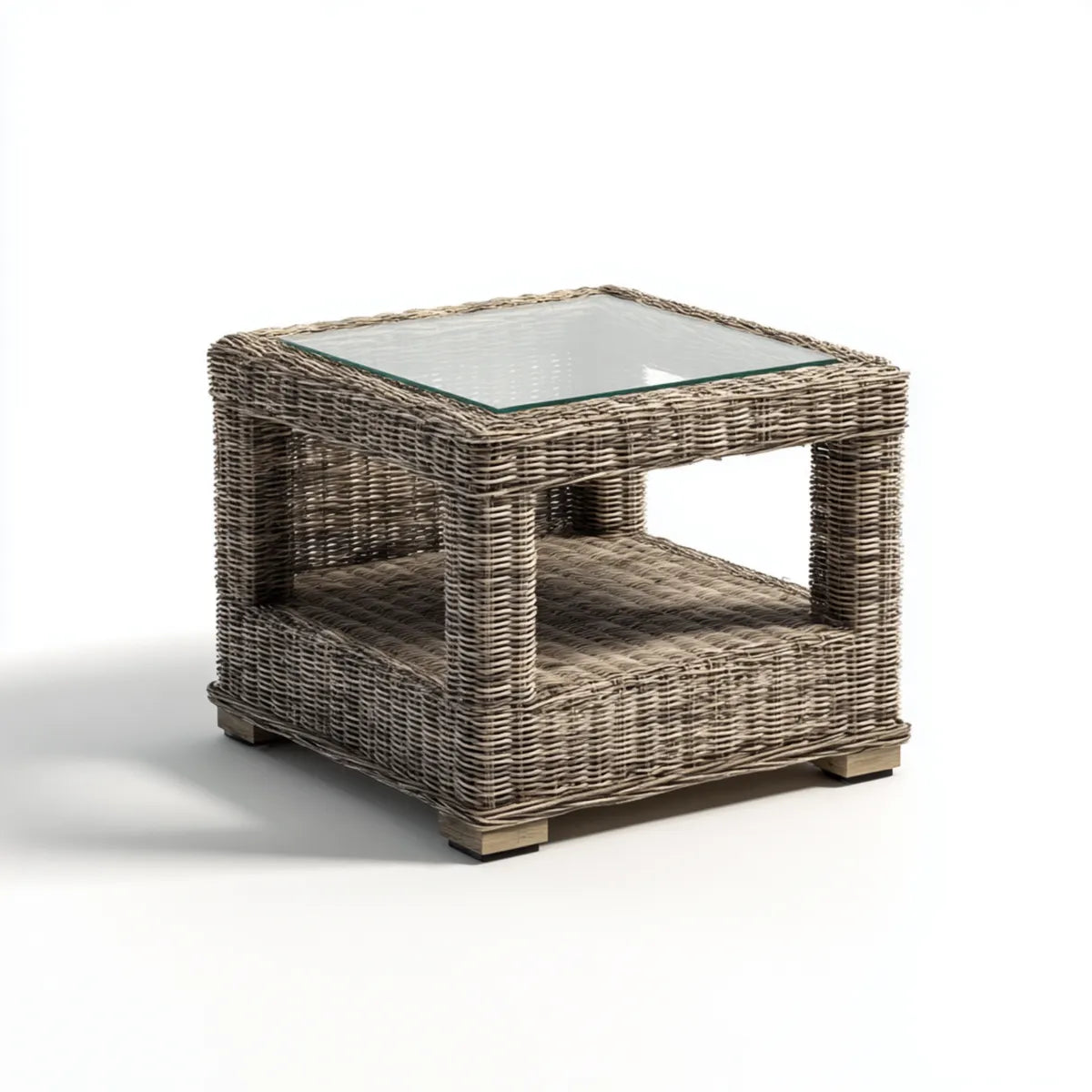 Tavolino laterale quadrato grigio 60 x 60 x 45 cm in rattan naturale e vetro temprato