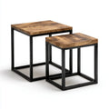 Set 2 Tavolini Laterali Marrone Nero 40 x 40 x 60 cm e 34.5 x 34.5 x 45 cm Legno Massello di Mango Acciaio Quadrati