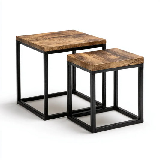 Set 2 Tavolini Laterali Marrone Nero 40 x 40 x 60 cm e 34.5 x 34.5 x 45 cm Legno Massello di Mango Acciaio Quadrati