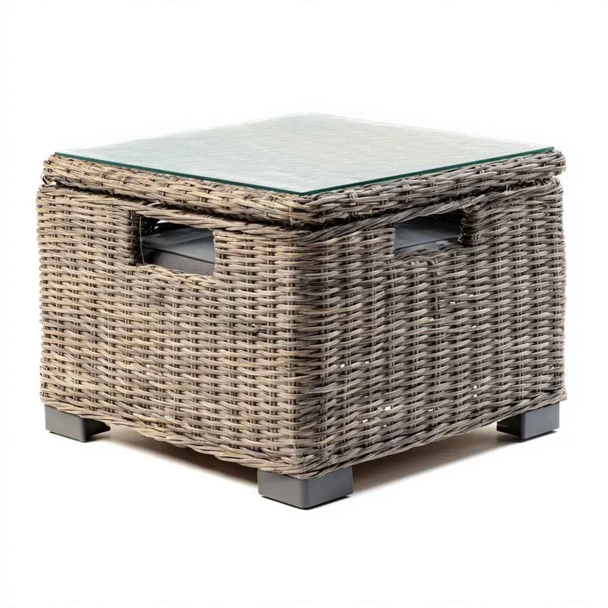 Tavolino laterale grigio 50 x 50 x 45 cm in polyrattan PE con piano in vetro temperato quadrato