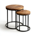 Set 2 tavolini laterali rotondi marrone e nero in rovere massello e acciaio 50 x 50 x 60 cm e 40 x 40 x 50 cm