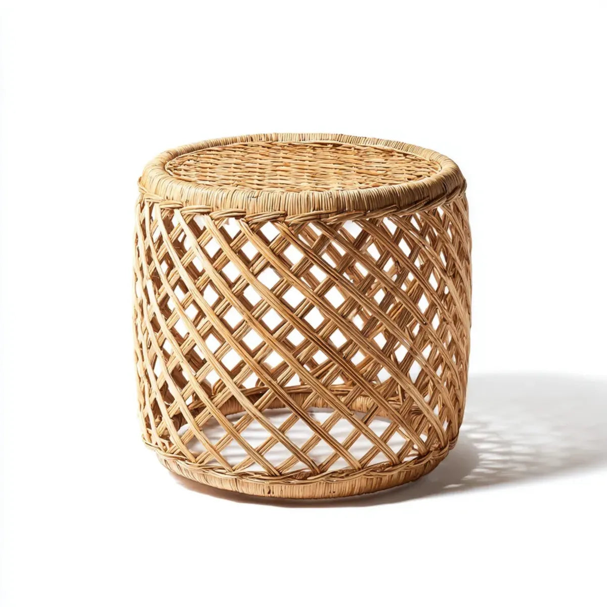 Tavolino laterale rotondo naturale in rattan intrecciato diametro 40 cm altezza 40 cm